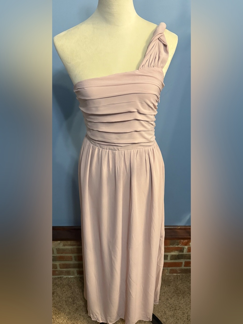 One Shoulder Blush Pink Pleated Maxi Dress
